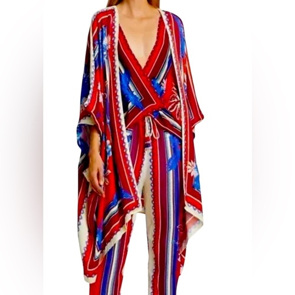 FARM Rio Sweaters - Farm Rio Macaw Red and Blue Geometric  duster  with Flowing Sleeves.